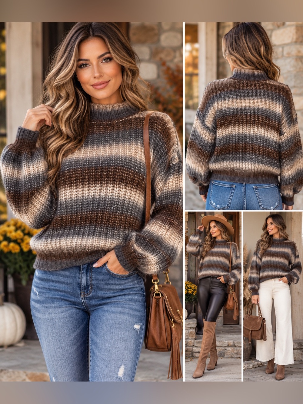 Chunky Ombre Striped Mock Neck Cropped Sweater Cozy Boho Fall Knit Oversized XSm